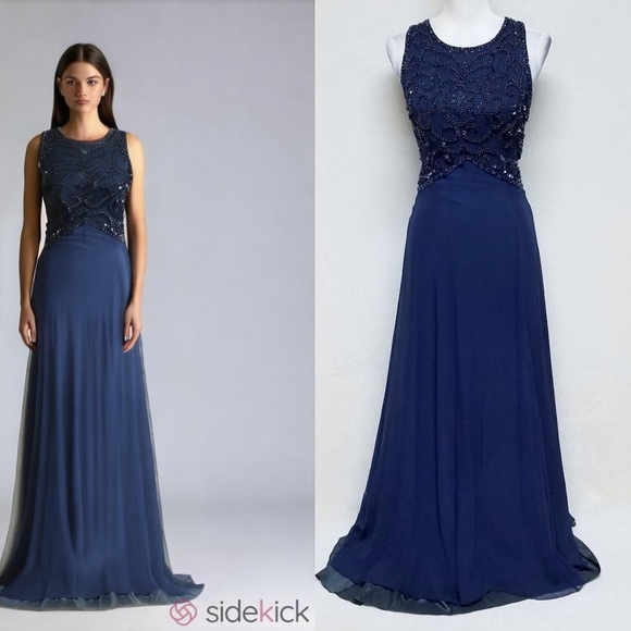 Vintage Dresses & Skirts - Rare Vintage 70s Blue Silk Chiffon Beaded Sequin High Neck Sleeveless Maxi Dress